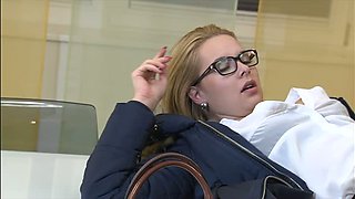 Naughty 4 eyed blondie in winter coat gives solid blowjob at kitchen