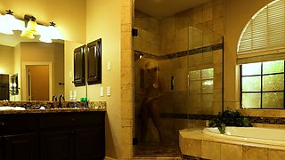 Skinny small titted blonde in shower