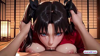 Brown-haired anime cutie with phat breasts bellows as she gets pummeled & splooged with jism