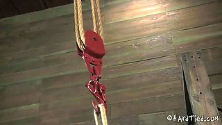 Dissolute tattooed slut bounded with ropes pleases her mistress