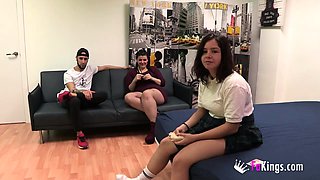 Two milfs get fucked in hardcore threesome with young stud