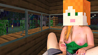 Hot Alex From Minecraft Fast Jerking off Steve's Hard Cock in a Cozy House, While Creepers and Skeletons Roam the Night Village