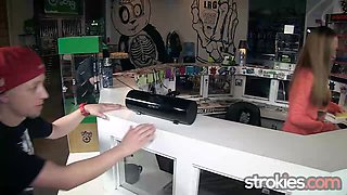 Strokies Hottie employee Roxie Rox jerks penis at work