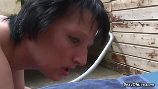 Brunette housewife Lucie Luke anal fucked in the garden