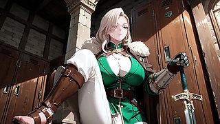 Blonde Knight's Afternoon! Green Uniform Golden Mechanical Arms, Lazily Contemplating in Ancient Stone Ruins.