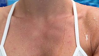 Outdoor Yoga Tree Pose & Tease in See-through Bodysuit in the Pool