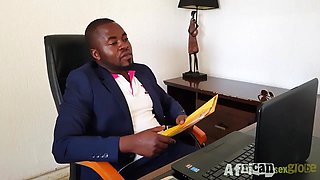 Ebony office passion erupts with wild, intense oral heat