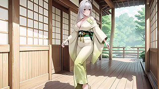 Silver-Haired Shrine Maiden Secrets! Languidly reclining in a red corridor, her bare shoulders and lush thighs exposed.