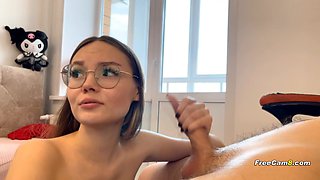 Nerdy Darkhaired Babe Rides Cock after Sucks