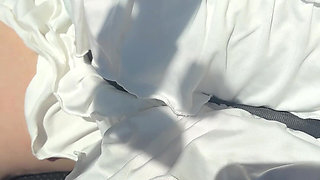 Lady Oops Slut Exhibitionist in Car Micro Skirt and Big Tits