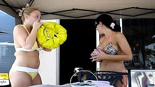 Horny blonde teen babe rubbs her shaved taco outdoor