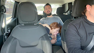 Couple Fucks in Uber Car During Traffic - Redhead Swallows Cum and Lets It Drip Out of Mouth