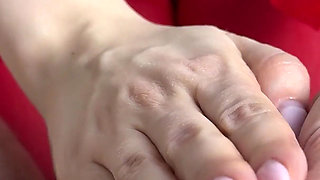 New Year Footjob in Festive Stockings and Lots of Cum on Red Nylon