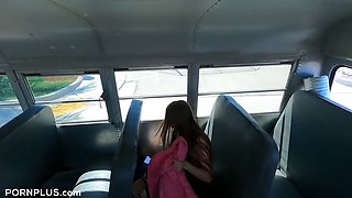 Myra Glasford and Tiny Red Head Schoolgirl go wild on a big dicked bus driver