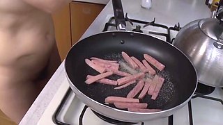 Asian mature naked cooks then fucks