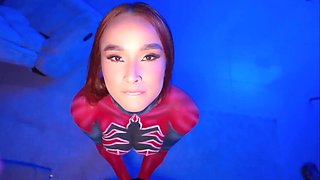 POV - hot girl in spiderman bodyart rides my cock and gives me a deep blowjob