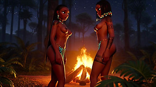 Voluptuous Ebony Tribal Women Perform Primal Fire Worship On All Fours Covered In Oil And Sacred Earth At Night