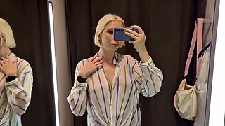 Busty platinum-blonde Mycandyalice tries on sexy sheer outfits in the dressing room