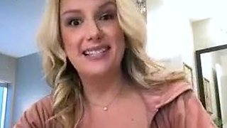 Blonde cumshot amateur MILF POV jerking in the kitchen