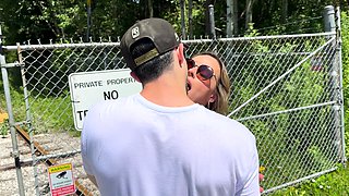 Tied up wife takes double creampie in public from husband
