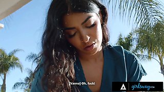 Girlsway - small Vanna Bardot's pussy gets lubricated up outside by hot resort masseur jasmine sherni