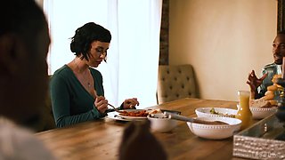 Dashing brunette spit-roasted by a pair of oversized black shafts