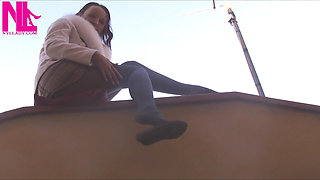 Dangling in Grey Pantyhose and Ballet Flats with Chains