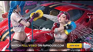 Jinx and Vi Washing the Red Ferrari Wet and Soapy