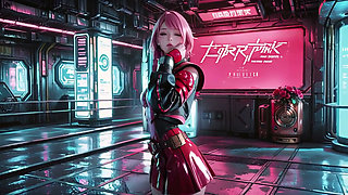 Pink-haired Mech Warrior! Kneeling in Neon Streets, Red Rose & Cold Armor Contrast, Fingertips tracing collarbones.