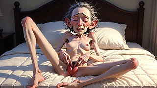 Extremely Skinny Old Woman Masturbates Her Tight Pussy with Her Fingers