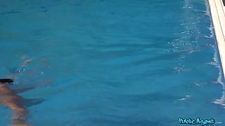 Beach babe screwed on a public beach and then in intimate swimming pool - public agent