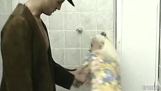 Cougar interrupted by passionate ecstasy while cleaning sultry bathroom