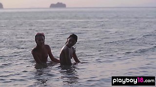 Nude asian teenager and GF watch the sunset