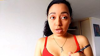 Hot Latina babe Saturno Squirt finishes her makeup and starts pleasuring her smooth-shaven kitty with multiple orgasms