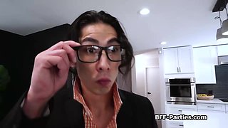 Bosses big dick sucked by tempting barmaids at his home