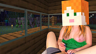Hot Alex from Minecraft Fast jerking off Steve's hard Cock in a Cozy house, while Creepers and Skeletons roam the Night Village