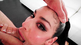 Queenie Sateen, the busty brunette, gets her pussy stuffed with cock in 69 sex.