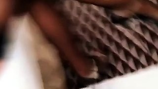 Busty curly brunette with big boobs fucks on couch