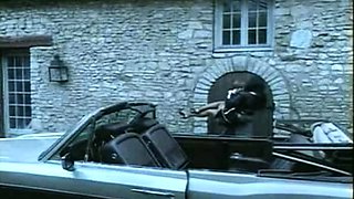 Amazing busty brunette slut doing blowjob outdoor